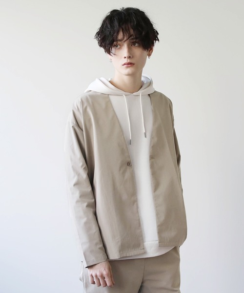 抗菌防臭付きノーカラーカーデジャケット&テーパードパンツセットアップ