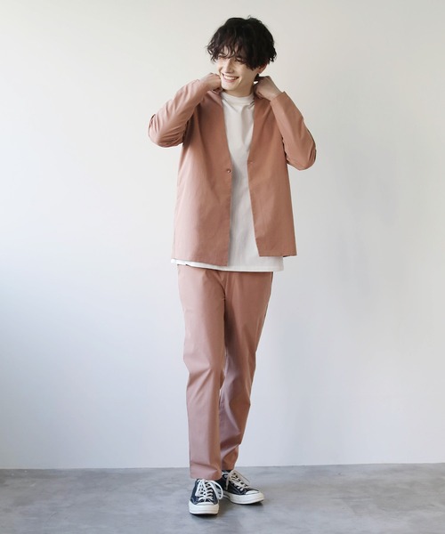 抗菌防臭付きノーカラーカーデジャケット&テーパードパンツセットアップ