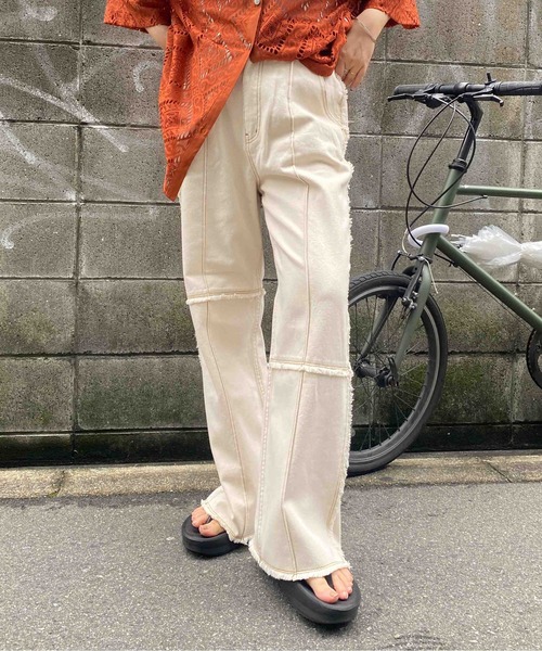 CPCM（シーピーシーエム）の「パッチワークツイルパンツ2（デニムパンツ・レディース・アイボリー/グリーン/インディゴブルー/ブラック・FREE）」の2枚目の写真