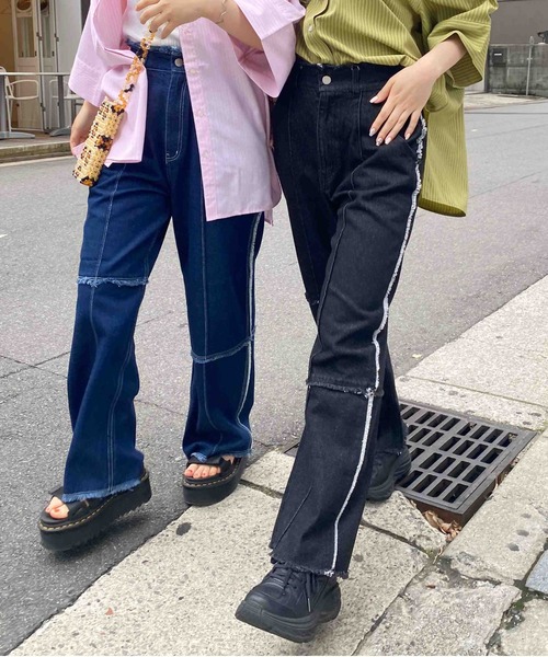 CPCM（シーピーシーエム）の「パッチワークツイルパンツ2（デニムパンツ・レディース・アイボリー/グリーン/インディゴブルー/ブラック・FREE）」の3枚目の写真