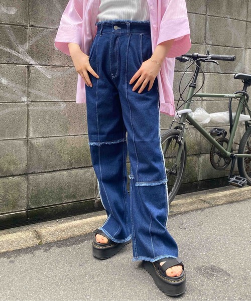 CPCM（シーピーシーエム）の「パッチワークツイルパンツ2（デニムパンツ・レディース・アイボリー/グリーン/インディゴブルー/ブラック・FREE）」の12枚目の写真