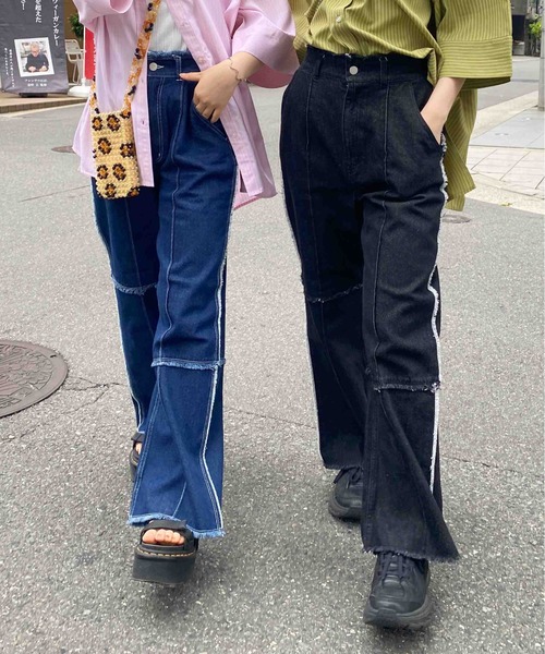 CPCM（シーピーシーエム）の「パッチワークツイルパンツ2（デニムパンツ・レディース・アイボリー/グリーン/インディゴブルー/ブラック・FREE）」の5枚目の写真