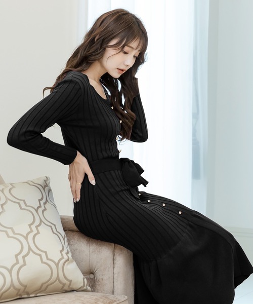 Julia Boutique(ジュリアブティック)の「ボタンデザインマーメイドリブニットワンピース/22526(ワンピース・レディース・ブラック/ブラウン/プラム/ベージュ・ONE)」の6枚目の写真