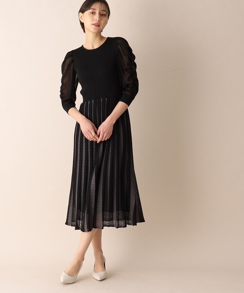 配色プリーツフィット&フレアニットワンピース【洗濯機洗い可/ドライタッチ】