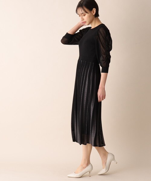 配色プリーツフィット&フレアニットワンピース【洗濯機洗い可/ドライタッチ】