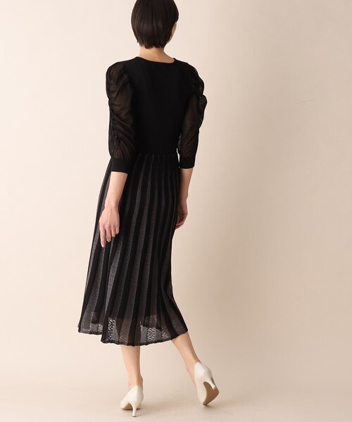 配色プリーツフィット&フレアニットワンピース【洗濯機洗い可/ドライタッチ】