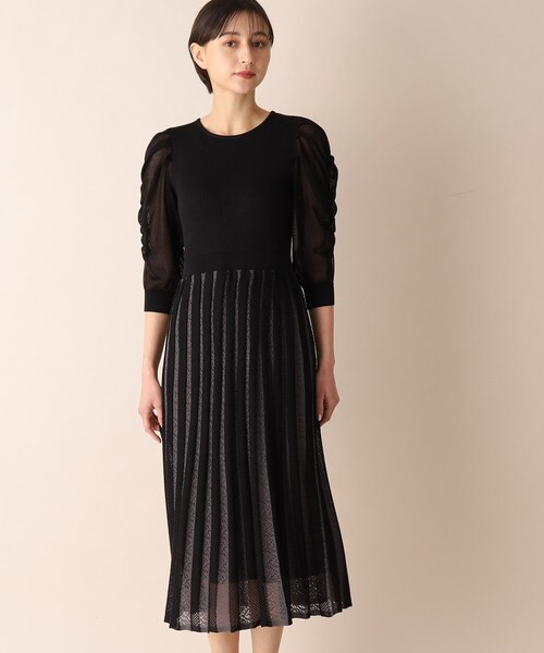 配色プリーツフィット&フレアニットワンピース【洗濯機洗い可/ドライタッチ】