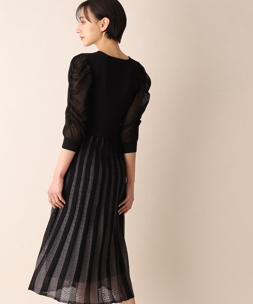 配色プリーツフィット&フレアニットワンピース【洗濯機洗い可/ドライタッチ】