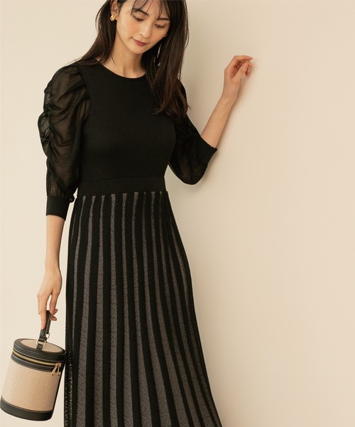 配色プリーツフィット&フレアニットワンピース【洗濯機洗い可/ドライタッチ】