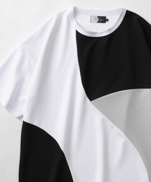 ウェーブ切り替えデザイン 半袖カットソー/パネル切り替え Tシャツ/ビッグシルエット/梨地素材