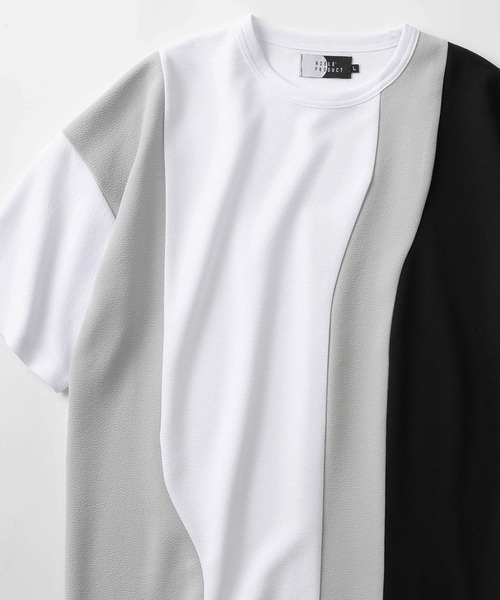 make a ray!(メイク ア レイ!)の「ウェーブ切り替えデザイン 半袖カットソー/パネル切り替え Tシャツ/ビッグシルエット/梨地素材(Tシャツ/カットソー・メンズ・オフホワイト/ブラック系その他/ブラック/ホワイト・M/L/XL)」の3枚目の写真