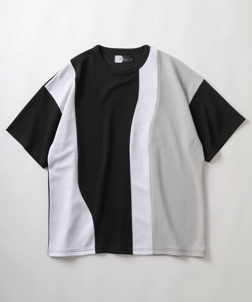 make a ray!(メイク ア レイ!)の「ウェーブ切り替えデザイン 半袖カットソー/パネル切り替え Tシャツ/ビッグシルエット/梨地素材(Tシャツ/カットソー・メンズ・オフホワイト/ブラック系その他/ブラック/ホワイト・M/L/XL)」の7枚目の写真