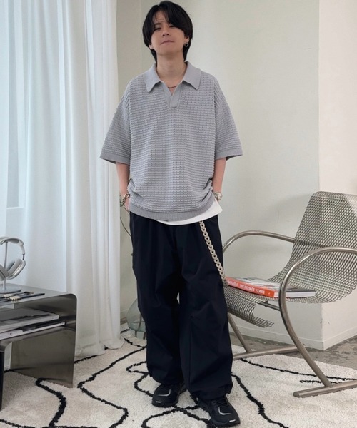 WYM TUCK SKIPPER KNIT POLO M グレイッシュブルー セール】TUCK SKIPPER KNIT POLO（ポロシャツ）｜WYM LIDNM