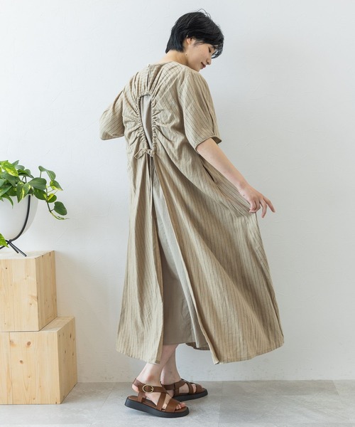 新品　スタジオクリップ　綿麻　リネン混　ナチュラル　半袖ワンピース　モカ 新品スタジオクリップ綿麻リネン混ナチュラル半袖ワンピースモカ