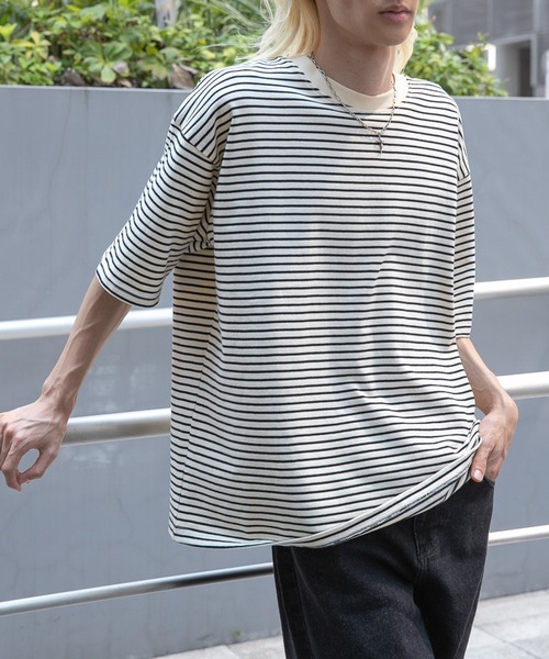 3.3 Field Trip (3.3フィールドトリップ)の「3.3 Field Trip/ボーダーカットSS 2969945(Tシャツ/カットソー・メンズ・ライトベージュ/ブラック・FREE)」の2枚目の写真