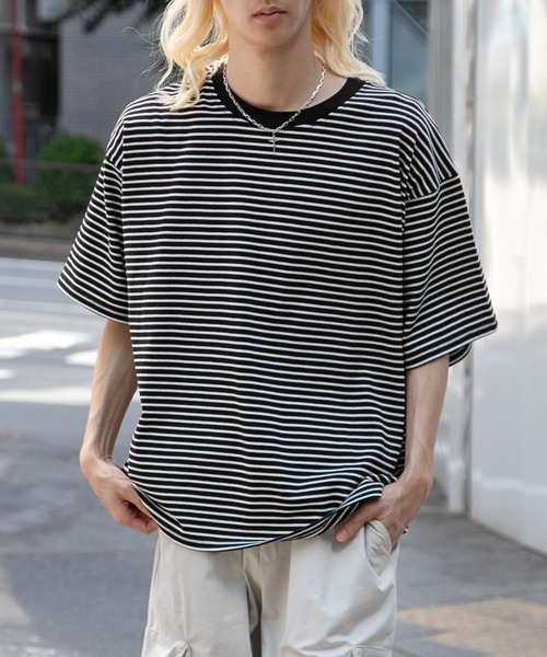 3.3 Field Trip (3.3フィールドトリップ)の「3.3 Field Trip/ボーダーカットSS 2969945(Tシャツ/カットソー・メンズ・ライトベージュ/ブラック・FREE)」の1枚目の写真