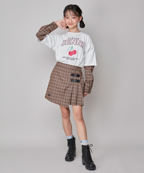 SISTER JENNI（SISTER JENNI）の「【セットアップ対応】【コットン100％】チェックそでレイヤード風BIGロンT（Tシャツ/カットソー・キッズ・オフホワイト/ブラック・160cm/150cm/130cm/140cm）」の3枚目の写真