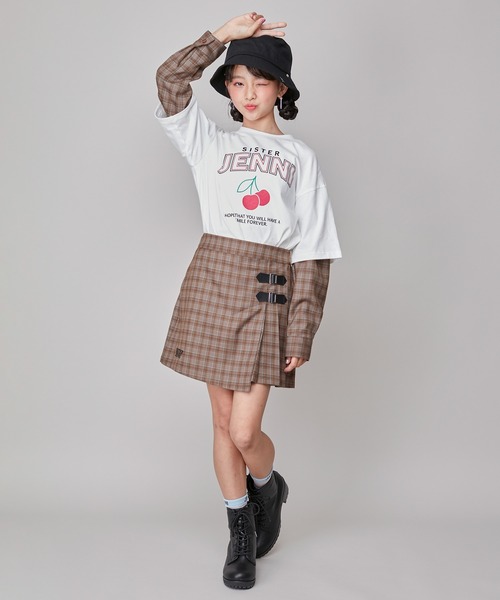 SISTER JENNI（SISTER JENNI）の「【セットアップ対応】【コットン100％】チェックそでレイヤード風BIGロンT（Tシャツ/カットソー・キッズ・オフホワイト/ブラック・160cm/150cm/130cm/140cm）」の5枚目の写真