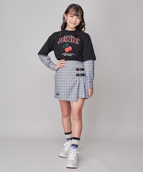 SISTER JENNI（SISTER JENNI）の「【セットアップ対応】【コットン100％】チェックそでレイヤード風BIGロンT（Tシャツ/カットソー・キッズ・オフホワイト/ブラック・160cm/150cm/130cm/140cm）」の11枚目の写真