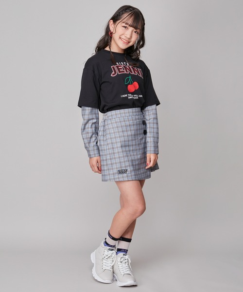 SISTER JENNI（SISTER JENNI）の「【セットアップ対応】【コットン100％】チェックそでレイヤード風BIGロンT（Tシャツ/カットソー・キッズ・オフホワイト/ブラック・160cm/150cm/130cm/140cm）」の12枚目の写真