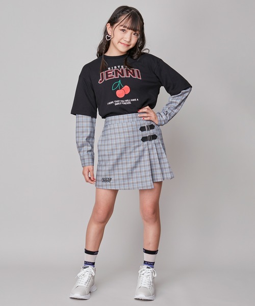 SISTER JENNI（SISTER JENNI）の「【セットアップ対応】【コットン100％】チェックそでレイヤード風BIGロンT（Tシャツ/カットソー・キッズ・オフホワイト/ブラック・160cm/150cm/130cm/140cm）」の14枚目の写真