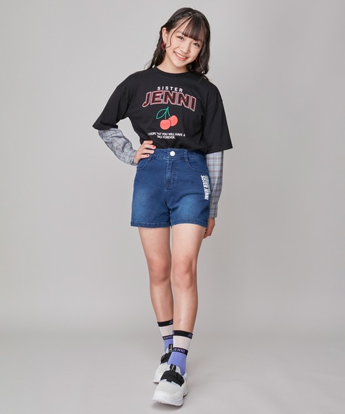 SISTER JENNI（SISTER JENNI）の「【セットアップ対応】【コットン100％】チェックそでレイヤード風BIGロンT（Tシャツ/カットソー・キッズ・オフホワイト/ブラック・160cm/150cm/130cm/140cm）」の17枚目の写真