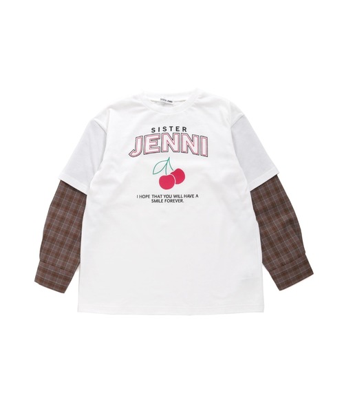 SISTER JENNI（SISTER JENNI）の「【セットアップ対応】【コットン100％】チェックそでレイヤード風BIGロンT（Tシャツ/カットソー・キッズ・オフホワイト/ブラック・160cm/150cm/130cm/140cm）」の20枚目の写真