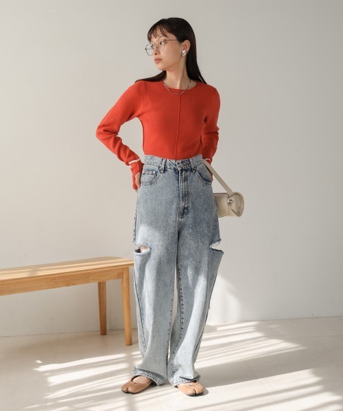 Bab(バブ)の「2way指ぬきニットトップス(Tシャツ/カットソー・レディース・アイボリー/ブルー/チャコールグレー/オレンジ・FREE)」の20枚目の写真