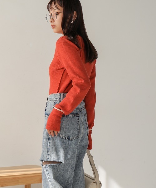 Bab(バブ)の「2way指ぬきニットトップス(Tシャツ/カットソー・レディース・アイボリー/ブルー/チャコールグレー/オレンジ・FREE)」の21枚目の写真