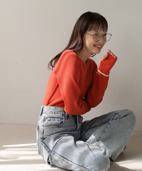 Bab(バブ)の「2way指ぬきニットトップス(Tシャツ/カットソー・レディース・アイボリー/ブルー/チャコールグレー/オレンジ・FREE)」の22枚目の写真