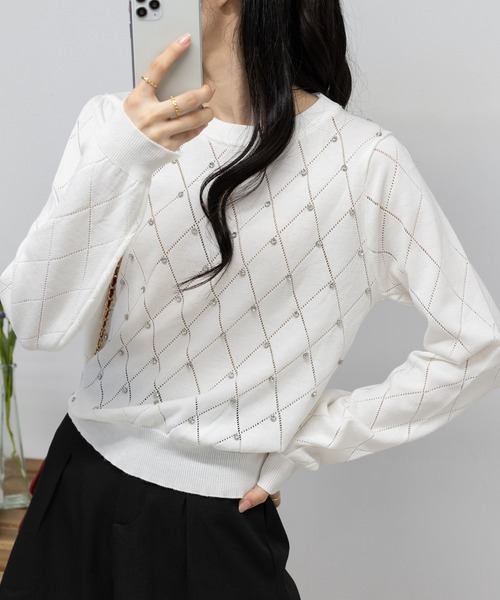 ホワイト アブストラクトパターン ニットセーター サイズS セール】 【洗える】CASHMERE BLEND タートルネック ニット