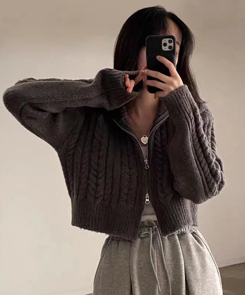 HALEY PESCA（ヘーリーペスカ）の「HALEY PESCA/ショート丈　ダブルジップ ニットトップス（ニット/セーター・レディース・ダークグレー/ライトグレー/アイボリー・FREE）」の3枚目の写真