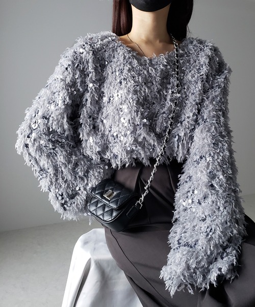 me+em select(ミームセレクト)の「※※【 4color 】フェザースパングルオーバートップス/feather spangle over tops(ニット/セーター・レディース・グレー/ピンク/ホワイト/ブラック・FREE)」の3枚目の写真