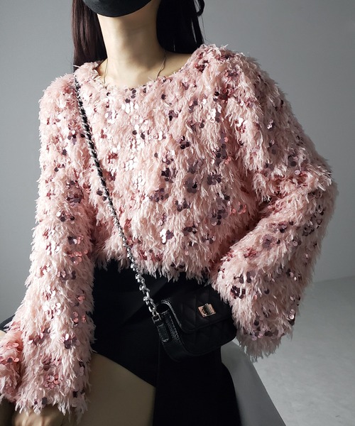 me+em select(ミームセレクト)の「※※【 4color 】フェザースパングルオーバートップス/feather spangle over tops(ニット/セーター・レディース・グレー/ピンク/ホワイト/ブラック・FREE)」の4枚目の写真