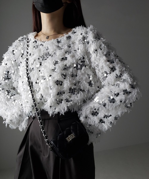 me+em select(ミームセレクト)の「※※【 4color 】フェザースパングルオーバートップス/feather spangle over tops(ニット/セーター・レディース・グレー/ピンク/ホワイト/ブラック・FREE)」の17枚目の写真