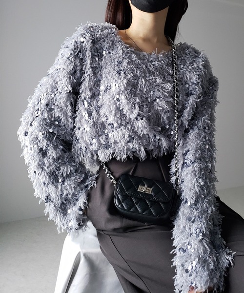 me+em select(ミームセレクト)の「※※【 4color 】フェザースパングルオーバートップス/feather spangle over tops(ニット/セーター・レディース・グレー/ピンク/ホワイト/ブラック・FREE)」の5枚目の写真