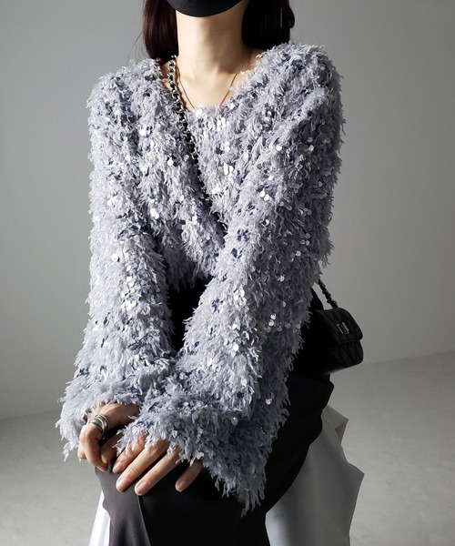 me+em select(ミームセレクト)の「※※【 4color 】フェザースパングルオーバートップス/feather spangle over tops(ニット/セーター・レディース・グレー/ピンク/ホワイト/ブラック・FREE)」の6枚目の写真
