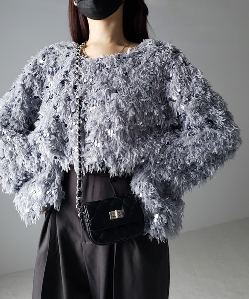 me+em select(ミームセレクト)の「※※【 4color 】フェザースパングルオーバートップス/feather spangle over tops(ニット/セーター・レディース・グレー/ピンク/ホワイト/ブラック・FREE)」の7枚目の写真