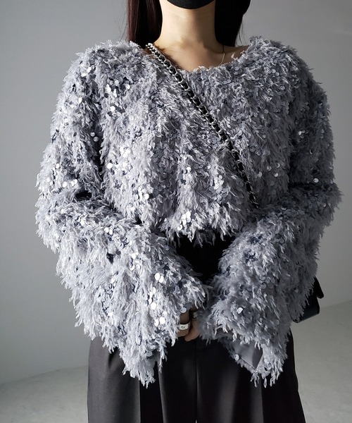 me+em select(ミームセレクト)の「※※【 4color 】フェザースパングルオーバートップス/feather spangle over tops(ニット/セーター・レディース・グレー/ピンク/ホワイト/ブラック・FREE)」の8枚目の写真