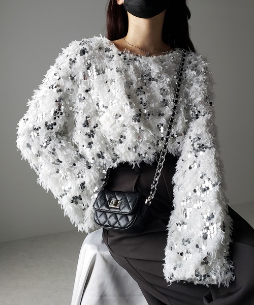 me+em select(ミームセレクト)の「※※【 4color 】フェザースパングルオーバートップス/feather spangle over tops(ニット/セーター・レディース・グレー/ピンク/ホワイト/ブラック・FREE)」の12枚目の写真