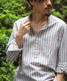 BRILLA per il gusto | Brilla per il gusto / リネンコットン ダブルストライプ バンドカラー プルオーバーシャツ(シャツ/ブラウス)