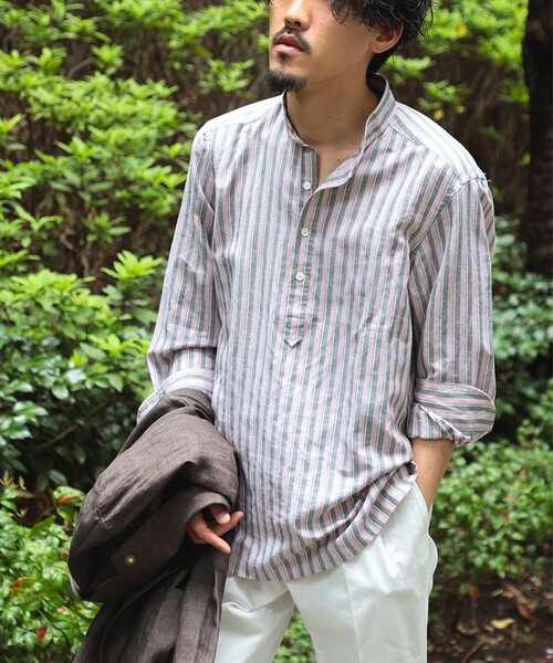 BRILLA per il gusto（ブリッラペルイルグースト）の「Brilla per il gusto / リネンコットン ダブルストライプ バンドカラー プルオーバーシャツ（シャツ/ブラウス・メンズ・レッド系その他3・S/L/M/XL/XS）」の4枚目の写真