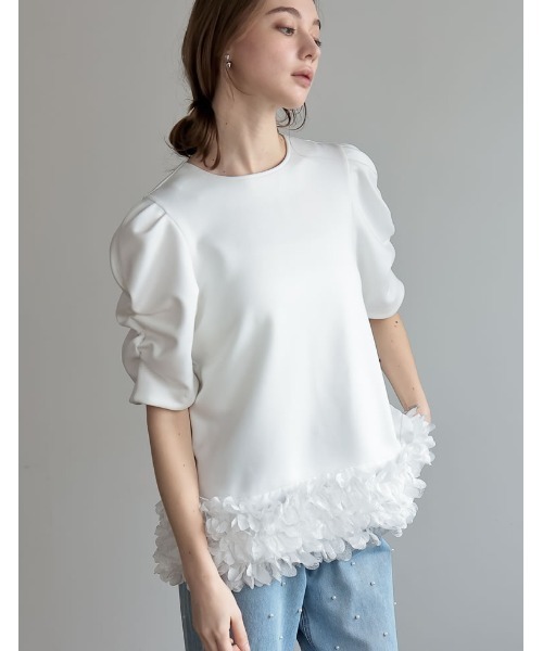 Re:EDIT（リエディ）の「[2024SS COLLECTION][MEISM by Re:EDIT]フラワーモチーフパワショルチュニックトップス（Tシャツ/カットソー・レディース・ブラック/ホワイト・MEDIUM/LARGE）」の11枚目の写真
