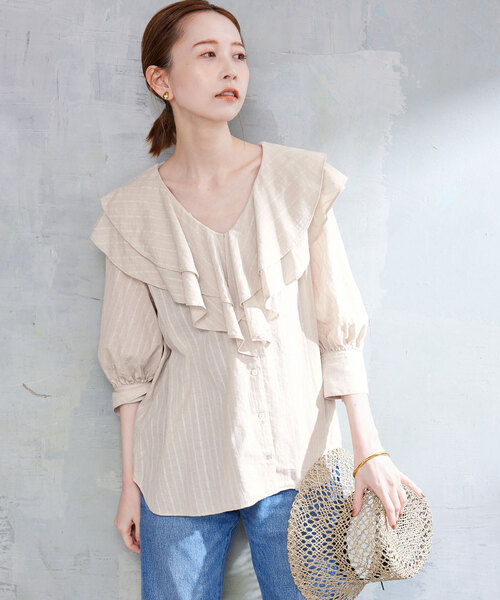 スローブ イエナ ラッフル フリル デザイン ドット シャツ ブラウス SLOBE IENA｜ドットフリルVネックブラウス | Rakuten Fashion