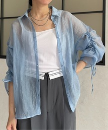 ラメワッシャー袖シャーリングシアーシャツ