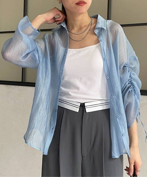 Thevon（ゼボン）の「ラメワッシャー袖シャーリングシアーシャツ（シャツ/ブラウス・レディース・アイボリー/サックスブルー/ベージュ/グリーン/ブラウン・FREE）」の13枚目の写真