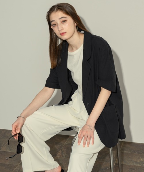 NEUNA（ヌナ）の「リネンライクハーフスリーブジャケット【リネンライクミニスカートとのセットアップもおすすめ！】（テーラードジャケット・レディース・ブラック/アイボリー/ブラウン・FREE）」の7枚目の写真