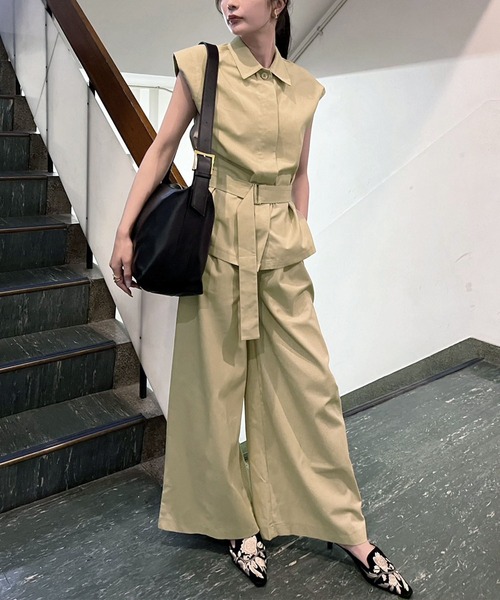 ジュエローブ Jewelobe フレンチスリーブシャツ×タックワイドパンツセットアップ （ブラック） セール】フレンチスリーブシャツ×タックワイドパンツ