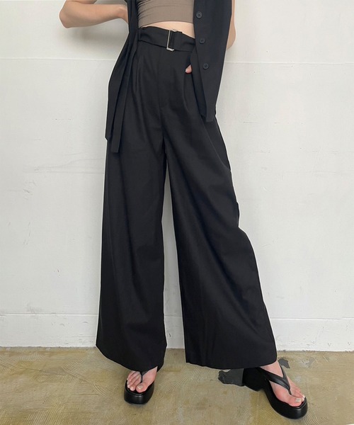 ジュエローブ Jewelobe フレンチスリーブシャツ×タックワイドパンツセットアップ （ブラック） セール】フレンチスリーブシャツ×タックワイドパンツ