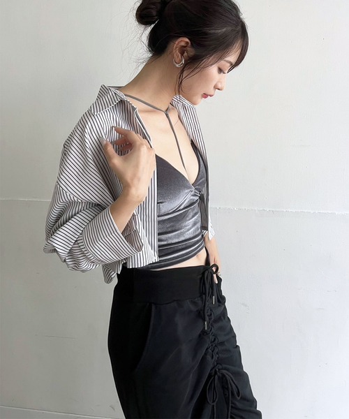 Jewelobe(ジュエローブ)の「ワイドカフスストライプクロップドシャツ(シャツ/ブラウス・レディース・ブラック/ホワイト/レッド/グリーン・FREE)」の7枚目の写真